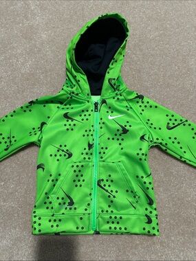 Nike Kids' Neon Green Hooded Dri-Fit Zip-Up Jacket with Black Swoosh Print